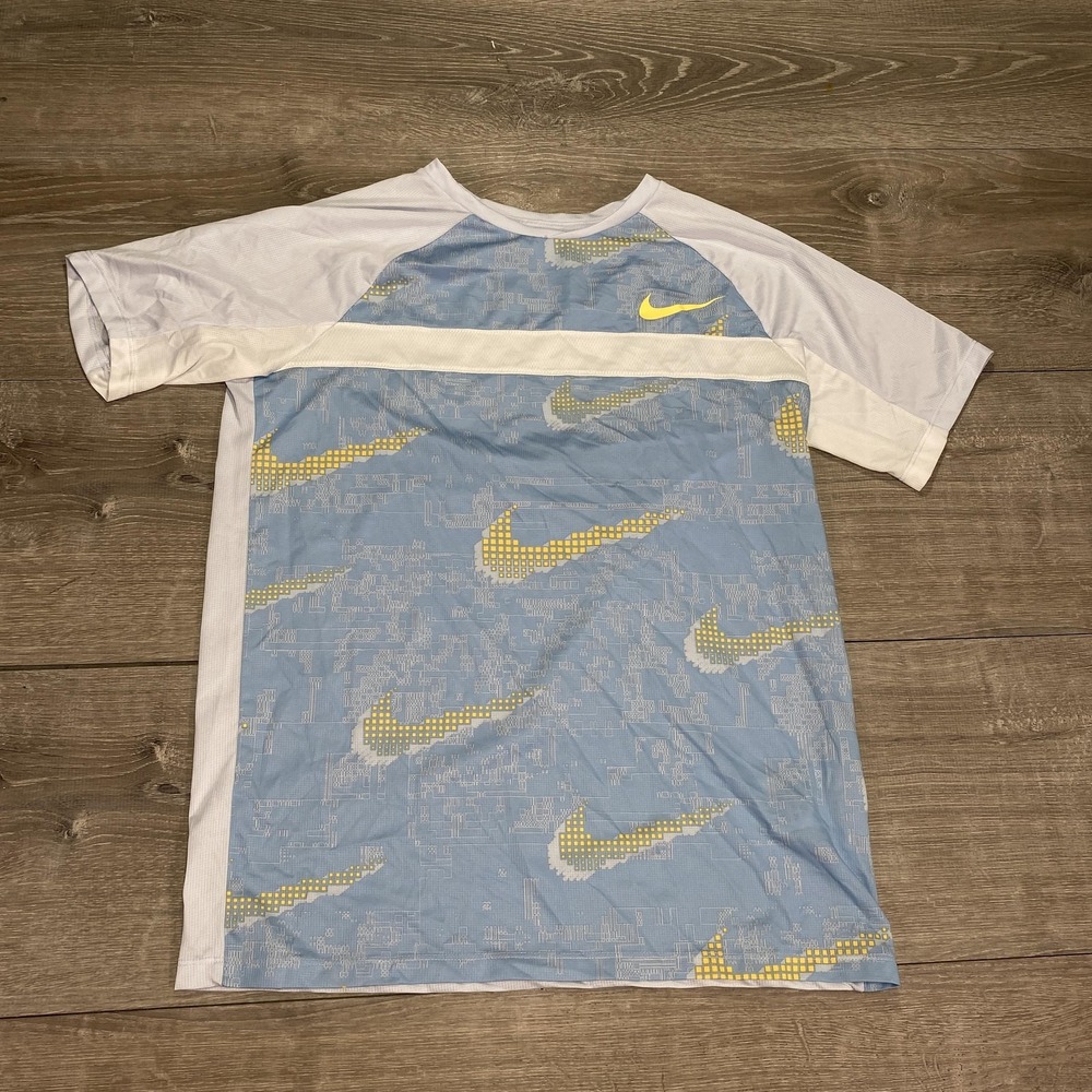 Nike Shirt Mens‎ XL Light Blue White Yellow Swoosh Print Raglan Athletic Running
